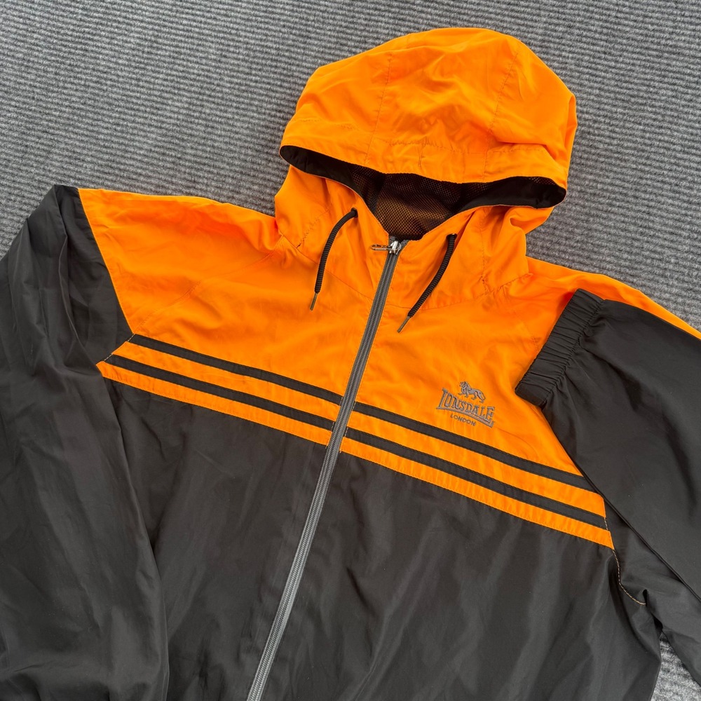 Lonsdale London Mens Large Orange Black Windbreaker Full Zip Hooded Jacket